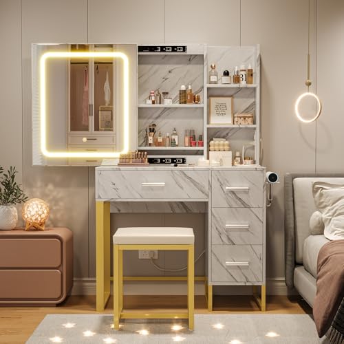 Vanity Desk with Mirror and Lights, Wood Makeup Vanity Desk with Power Outlets, Cushioned Chair, Hairdryer Holder, 3 Lighting Colors, 4 Drawers and 5 Storage Shelves for Bedroom (Marble White)