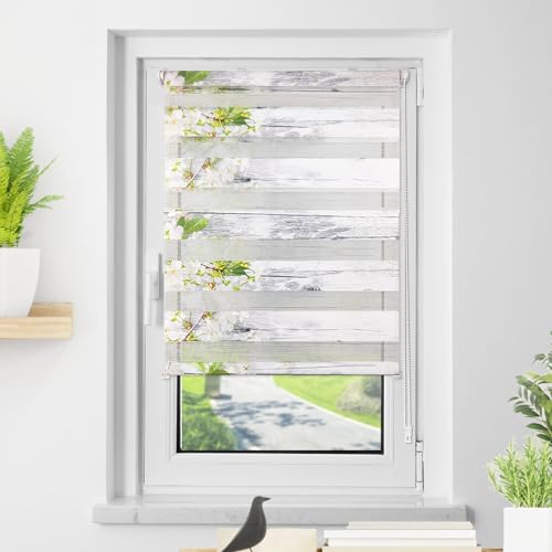 Deswell Doppelrollo Klemmfix ohne Bohren Weiß-Blüten B70 x H120 cm...