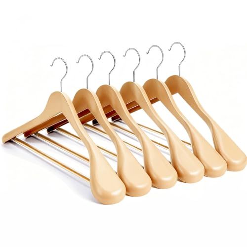 ManGotree Perchas de Traje de Madera Resistentes - Hombro Ancho Con Barra Antideslizante - Abrigo de Madera Maciza - Paquete de 6 (Natural)