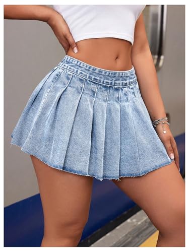 MakeMeChic Women's Pleated Denim Skirt Low Waist Raw Hem A Line Zipper Mini Jean Skirt3
