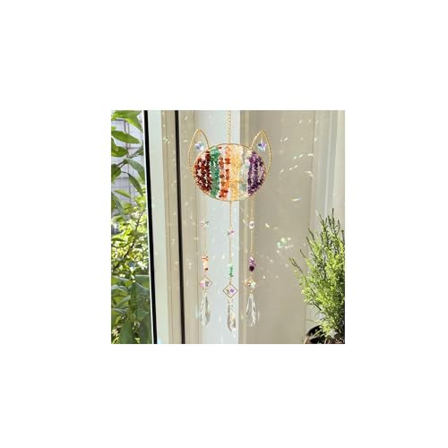 Cat Memorial Crystal Suncatcher - Natural Gemstone Rainbow Maker Wall Hanging Decor Healing Stone Cat Lover Gifts for Women Chakra CrystalWind Chimes for Window Home Garden Decoration