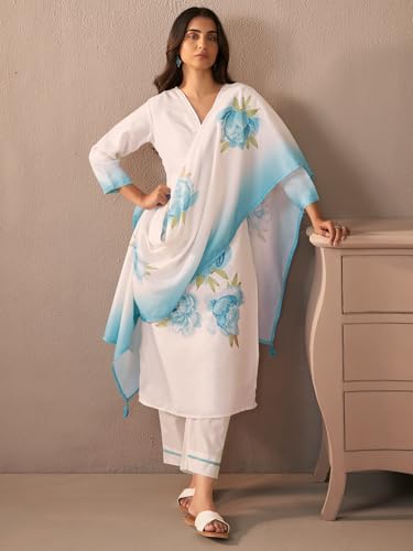 Image of INDO ERA Women's Straight Linen Floral Print Sequins work Kurta Pant with Dupatta Set