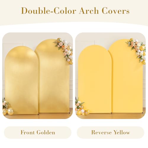 Image of Gold Yellow Arch Covers 7.2 and 6ft Sequin Sparkly Birthday Party Arch Backdrop Covers Set of 2 Spandex Shimmer Balloon Arch Stand Cover for Wedding Bridal Shower Baby Shower Photo Arches Background