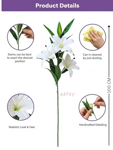 Image of ARTSY Artificial Flowers for Decoration Lily Flower Bunch for vase /Pot, Long Size Stick stem, Home Decor, Office Decor, Gift, Artificial Plant, Craft, Without Vase, 100 cm Height, 1 piece, White