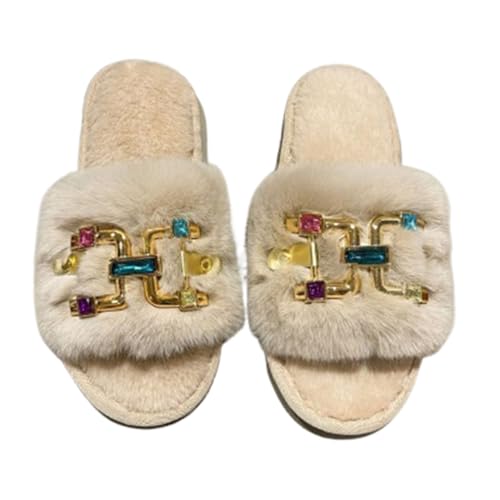 Womens Slides Fuzzy Fluffy Furry Open Toe Slippers with Multicolor Rhinestones Soft Flat Comfy Anti-Slip Spa Flip Flop House Shoes