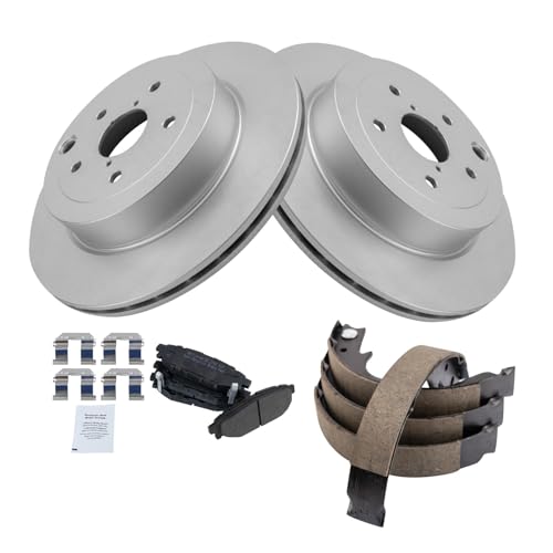 Image of TRQ Rear Brake Pad and Rotor Set Semi Metallic G Coated Rotors Parking Brake Shoe Compatible with 2008-2013 Subaru Impreza