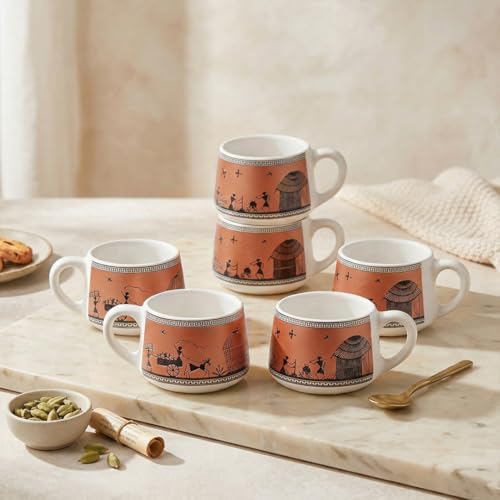 Image of The Earth Store Brown Warli Art Ceramic Tea Cup Set of 6 for Tea | 140ML Each | Microwave & Dishwasher Safe | Perfect for Every Occasion Chai | Coffee Cups for Home, Office, Gifting & Daily Use