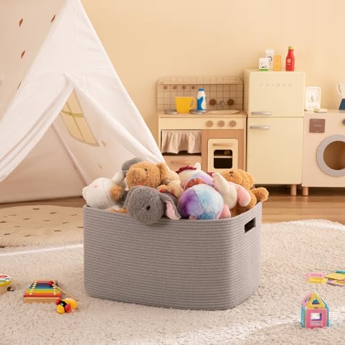 Image of OIAHOMY XXLarge Rectangle Blanket Basket-96L, Cotton Woven Basket for Storage, Dirty Clothes Basket for Living Room, Nursery, Bedroom, Toy Organizing with Handle, 24 inch x 16 inch x 15 inch, Grey