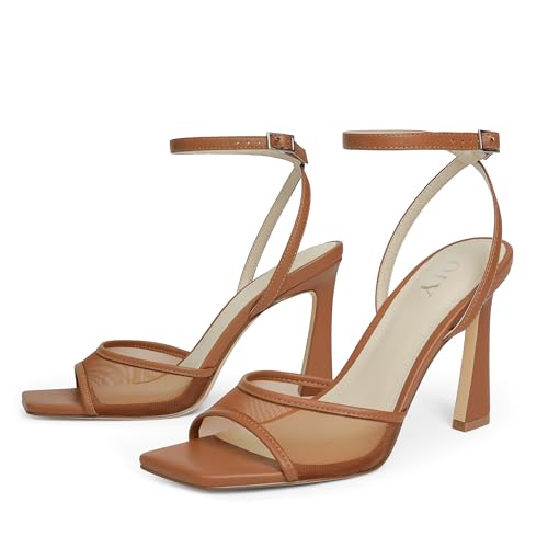 Image of QIY Strappy Heels for Women Heeled Sandals Square Toe Heel Ankle Strap Stiletto Mesh High Heels Dress Shoes