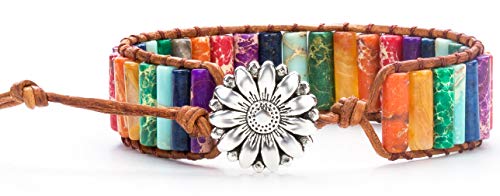 Hamoery Women Men Gay Pride Imperial Jasper Chakra Bracelet Handmade Adjustable Wrap Bead Leather Bracelet(Cylinder Flower)