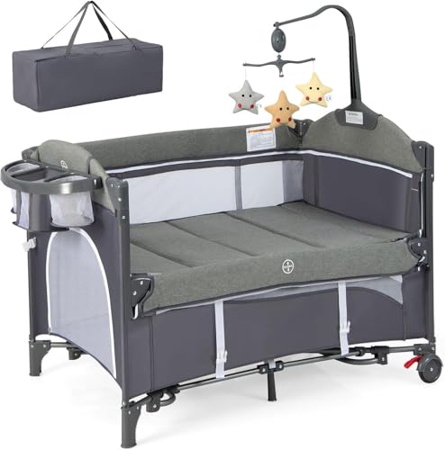 RELAX4LIFE 5 en 1 Cuna Bebé con 5 Alturas Ajustables, Cambiador, Colchón, Caja Música, Juguetes Colgantes y Bolsa de Transporte, Cuna de Viaje con 2 Ruedas Bloqueables para Bebés 0-3 Años (Azul)