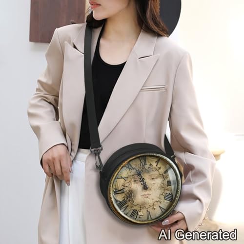 Image of Women Novelty Round Clock Shape Zippered Clock Purses for Women Tote Handbag Shoulder Bag, Gift for Mom Girlfriend