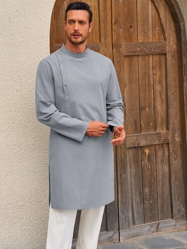 Image of Runcati Mens Kaftan Thobe Robe Long Sleeve Cotton Henley Shirt Casual Muslim Gown Salwar Kurta