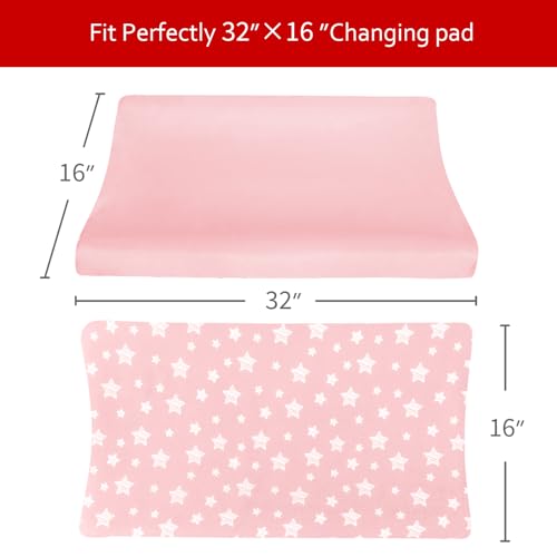 Image of Changing Pad Cover for Girls 2 Pack, Lovely Print Soft Diaper Change Table Sheets, Fit 32 inchx16 inch Contoured Pad, Comfy Cozy 2-Pack Cradle Sheets,Pink&Pink Stars