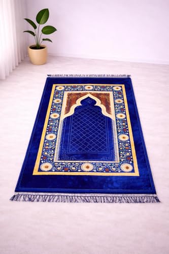Image of Janamaz Prayer Mat Turkey Soft Velvet | Namaz Mat, Janimaz Namaz Aasan, Islamic Prayer Rug for Salah | 70x110 CM (Printed Blue2)
