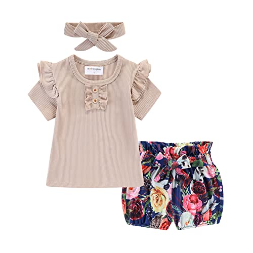 Image of Mud Kingdom Rib Little Girls Outfit with Headband Ruffle Sleeve Tops and Floral Short Set