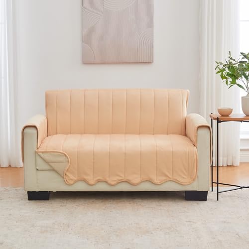 Image of Great Bay Home Velvet Loveseat Cover - Washable Slipcover Furniture Protector with Elastic Straps - Furniture Cover for Dogs, Kids, and Pets - Stitched Detail (Peach)