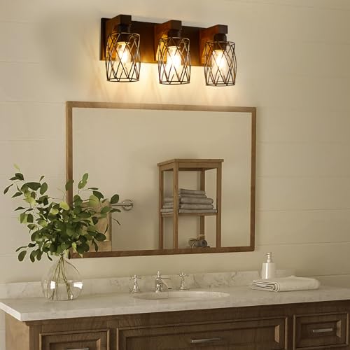 Image of Farmhouse Bathroom Vanity Light, 3-Light Wood Bathroom Light Fixtures Over Mirror, Black Industrial Vanity Lights with Metal Shade, Rustic Bathroom Lighting for Bedroom Living Room Hallway