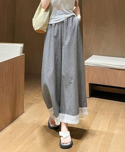chouyatou Women's Elastic Waist Plaid Pants Lace Trim Wide Leg Capri Palazzo Pants Culottes with Pockets3