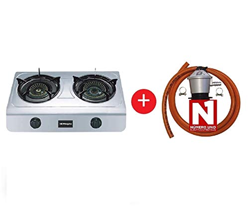 ElectrodomesticosN1 Pack Hornillo a Gas Orbegozo fo 2700 INOX, 2 Fuegos + Regulador de Gas butano HVG, Tubo Manguera 0,8 Metros, Abrazaderas