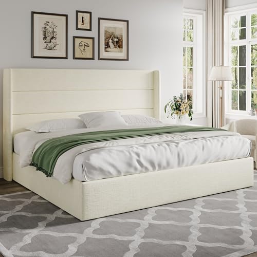 Image of Allewie King Size Lift Up Storage Bed, Chenille Fabric Upholstered, Modern Wingback Headboard, Hydraulic Support, No Box Spring Needed, Cream White