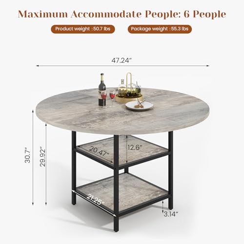 AWQM 47-Inch Round Dining Table for 4-6 with Storage Shelf, Grey