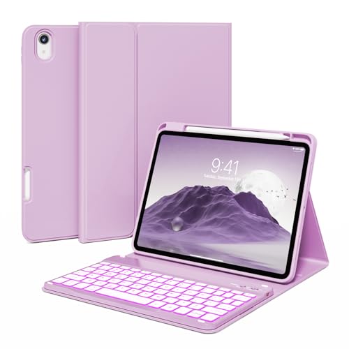 kenke Case for iPad (A16) 11-inch 2025 / 10th Generation 10.9-inch 2022 with Keyboard, Stand Folio Cover with Pencil Holder, 7 Color Backlit Detachable Wireless Keyboard, Purple