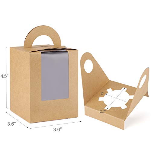 Eupako 50 Pcs Single Cupcake Carriers With Window Insert And Handle Brown Kraft Individual Cupcake Boxes For Bakery, Pastry, Muffins With 100 Stickers #TOP1