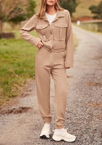 Image of PRETTYGARDEN Womens Two Piece Sets Fall 2026 Long Sleeve Button Down Shacket Jacket Long Sweatpants Tracksuit Winter Clothes