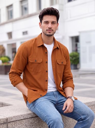 Image of Amazon Brand - INKAST Men's Cotton Blend Button Down Shirt | Long Sleeve Casual Lightweight Breathable Collared Shirts | Soft Comfortable Everyday Wear |Two Flap Chest Pockets |Using like Jacket Shirt