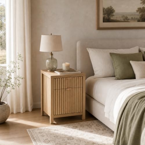 Image of Walsham Fluted Nightstands Set of 2 with Charging Station, Golden Oak