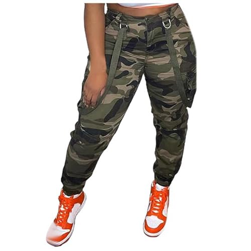 Vhersily Pantalon cargo pour femme avec impression camouflage, charge taille haute camouflage militaire élastique avec plusieurs poches, modèle résistant et fonctionnel pour activités de plein air et