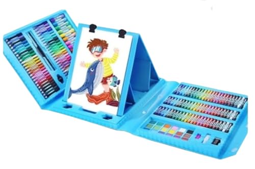 Sailozai 208本の彩色鉛クレヨン水彩ペン、小学生文具絵画セット、画板ペイントアート付き、収納ケース携帯用巻筆刀消しゴム付き (ブルー)