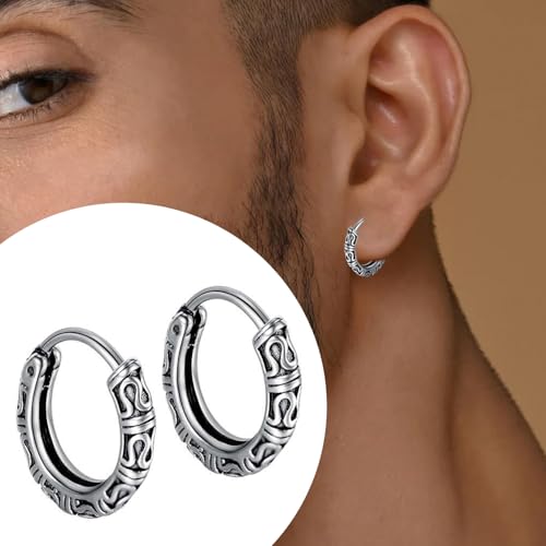 Image of VAMA FASHIONS Oxidised Silver Hoop Earrings in Tribal Bali Design Lightweight Ethnic Look Ear Accessories for Men