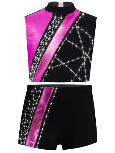 YEAHDOR Kids Girls 2 Piece Gymnastics Ballet Dance Outfits Rhinestones Metallic Crop Tops with Shorts Set Hot Pink 14 Years3