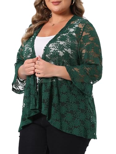 Image of Agnes Orinda Women Plus Size Open Front Lace Cardigans | 3 /4 Bell Sleeve Sheer Formal Bolero Shrugs Lightweight Floral Crochet Cover Up