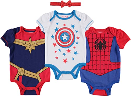 Marvel Avengers Captain Captain America Spider-Man Baby Girls 3 Pack Bodysuit Headband Captain Marvel, Captain America, Spider-girl 0-3 Months
