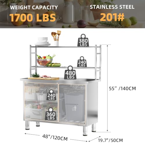 Image of Stainless Steel Prep Table with Trash Bin Cabinet, 48 inchx20 inch Commercial Kitchen Worktable with Adjustable Shelves, Storage Cabinet, Food Prep Station for Restaurant, Home and Garage