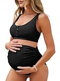 Summer Mae Umstands-Badeanzug, gerippt, hohe Taille, bauchfreies Oberteil, Bikini, Badeanzug, hoch geschnitten, zweiteilig, Schwangerschaft, schwarz, X-Large