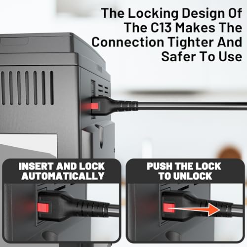 Image of Vockjour Universal 9FT(2.75m) Power Cord 3 Prong C13 with Lock, Black | Suitable for Electronics Computer, Monitor, Instant Pot, Treadmill, Copier, TV, Samsung, Dell, 14AWG 15A 125V 1875W