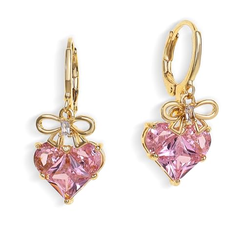 Sonateomber Small Pink Gold Bow Heart Dangle Drop Hoop Earrings for Women, Cute Valentine Ribbon Rhinestone Huggie Earing Wedding Prom Friends Daily Fashion Accessories Jewelry Gift