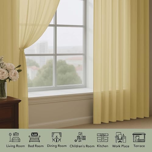 Image of OWENIE Extra Long Gold Sheer Curtains 96 Inches Long 2 Panels Set, Soft Lightweight Airy Voile Sheer Curtain for Bedroom Living Room, Rod Pocket Solid Color Farmhouse Curtains, 59 inch Wx96 L Inch