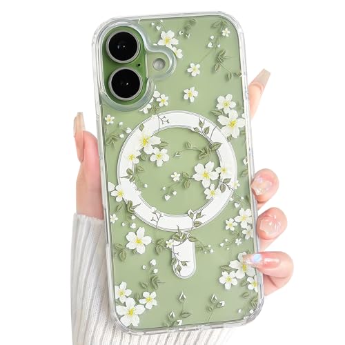 NITITOP Compatible for iPhone 17 Case Cute Clear Magnetic Compatible with MagSafe Flowers Floral Plant Leaves for Women Girls Hard PC Back Shockproof Protective Phone Cover - White
