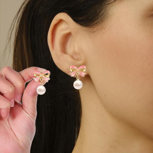 Gold Bow Earrings for Women Pearl Bow Earrings Trendy Pink Drop Stud 2 Pairs Ribbon Silver Earring Dangle Jewelry Long Tassel Chain Drop Earring Bowknot Stud Wedding Party Daily Accessory Gifts4