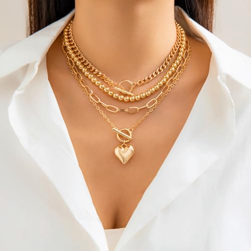 Otxas Chunky Gold Necklace Non Tarnish Gold Layered Necklaces for Women Paperclip Chain Necklace Big Heart Pendant Necklace Gold Necklace Stack Gold Jewelry Set4