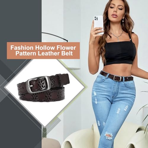 Women Hollow Flower Leather Belt for Jeans Pants Soft Leather Belt with Solid Pin Buckle4
