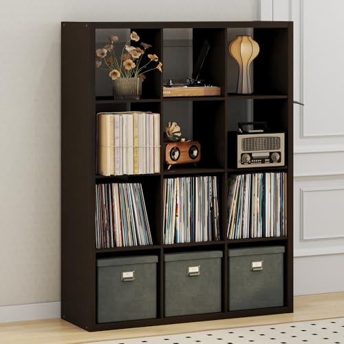 Image of Furinno Cubicle Record Player Stand, 12-Cube Record Storage, Dark Oak | Vinyl Storage, 1.2 inchInch Extra Thick, Open Back Media Shelf for CD DVD Bluray Game Disc, for Living Room, Home Office