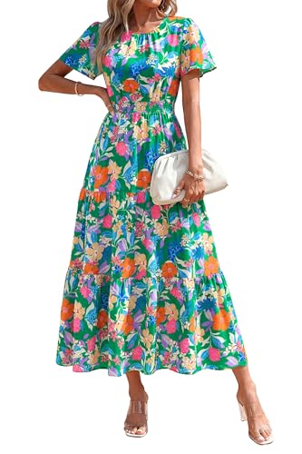 Image of PRETTYGARDEN Women's Casual Smocked Boho Floral A-Line Maxi Dress 2026 | Summer Short Flutter Sleeve Crewneck Tiered Long Sundress,Fall Wedding Guest Dresses,Spring Cute Flowy Beach Vacation Clothes