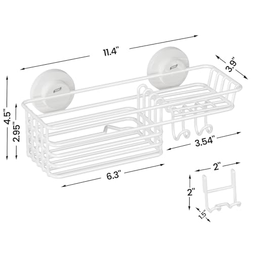 Image of LEVERLOC Shower Caddy Suction Cup, Heavy Duty Bathroom Organizer | Shower Organizer for Inside Shower with Hooks & Soap holder, NO-Drilling Bathroom shelves-White