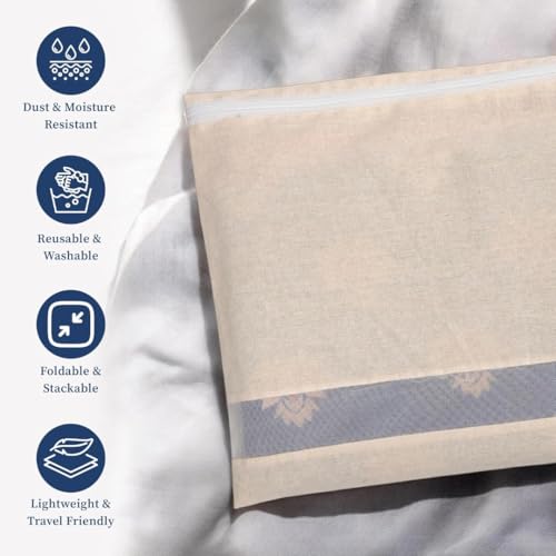 Image of VEDANTIKA Cotton Saree Covers for Storage Pack of 12 Big Size 16x14 Inch Saree Bags with Zip Transparent Mesh Window Saree Organizer for Wardrobe Clothes Storage Bags - Beige